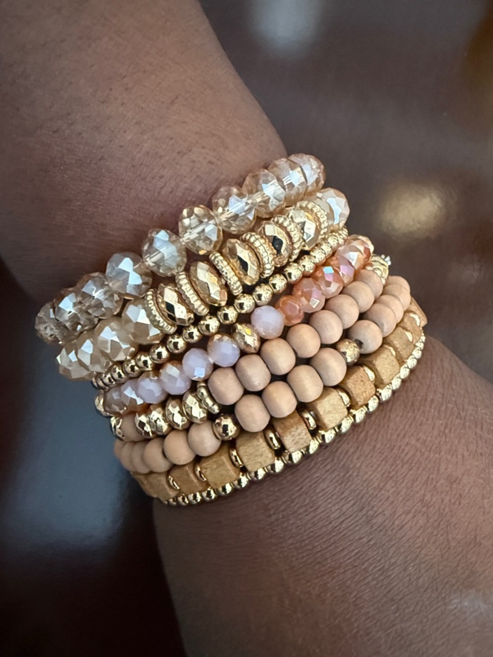 Stacked Gold and Nude Bead Bracelet Set - Women Jewelry